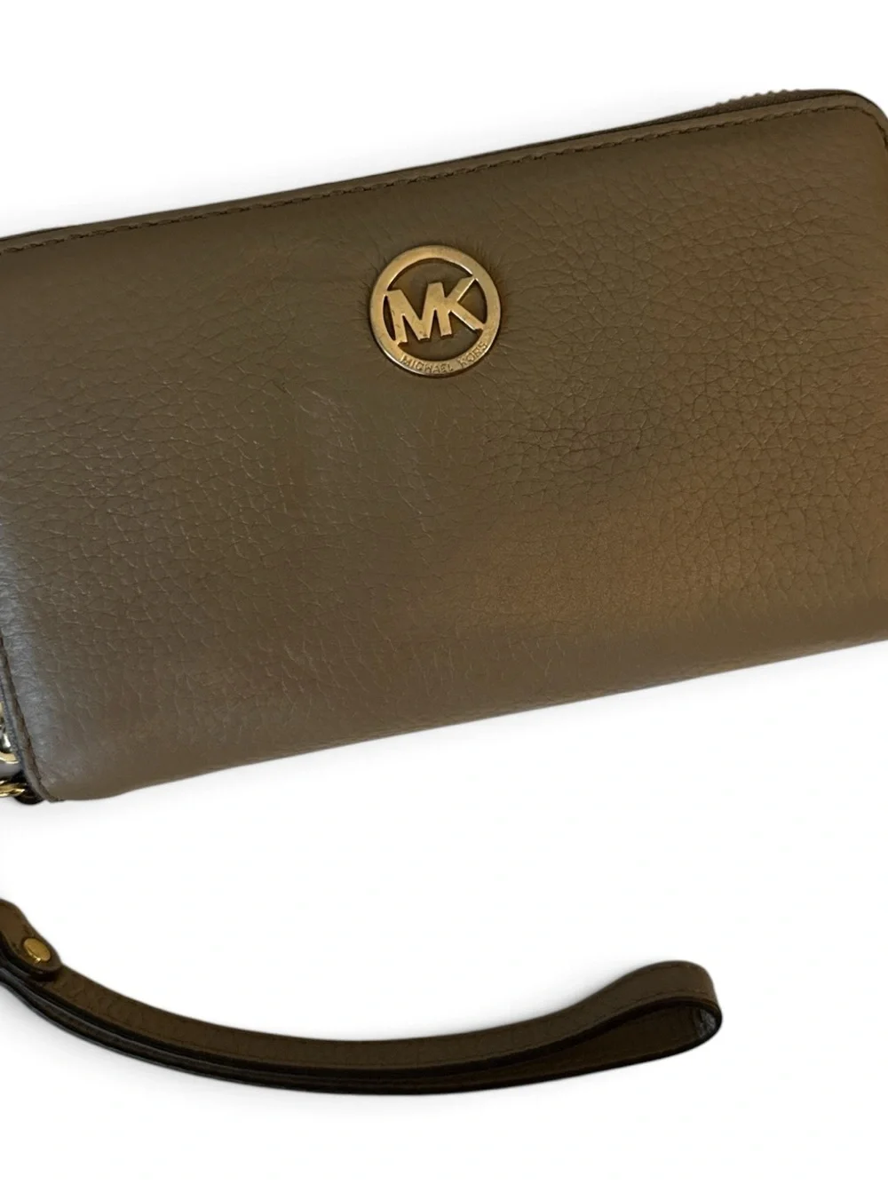 Michael Kors Olive Leather Zip Wristlet with Gold MK Medallion